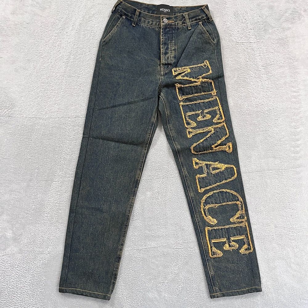 Menace Jeans Men's 26x28* Embroidered Button Fly Logo Slim Straight Blue‎ VTG
